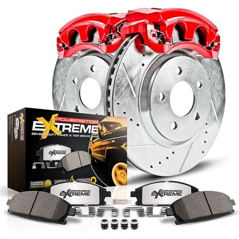 Power Stop Z36 front brake kit with red powder-coated calipers, drilled and slotted rotors, and carbon-fiber ceramic pads.