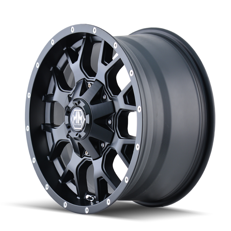 Mayhem 8015 Warrior 17x9 matte black wheel featuring a multi-spoke tactical design and 18mm offset.