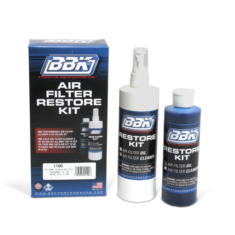 BBK air filter maintenance kit featuring a spray bottle of cleaner and a bottle of blue filter oil