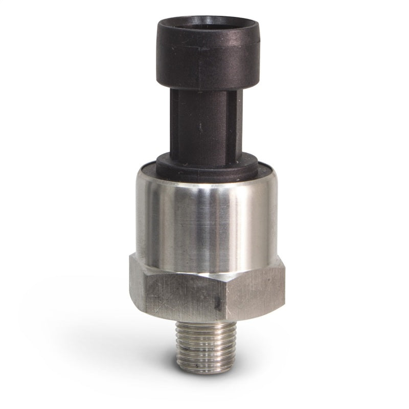 Stainless steel 100 PSIG pressure transducer with 1/8 NPT threads and 3-pin connector for Banks iDash systems.