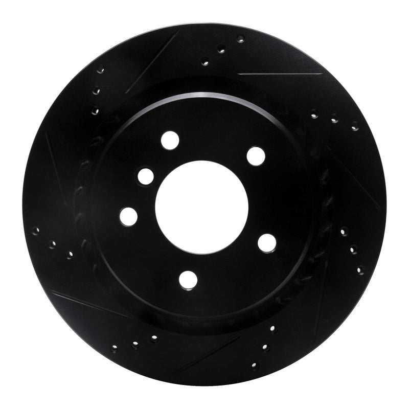 R1 Concepts black drilled and slotted right rear brake rotor for 1995-2002 BMW M3 and Z3 M-models.