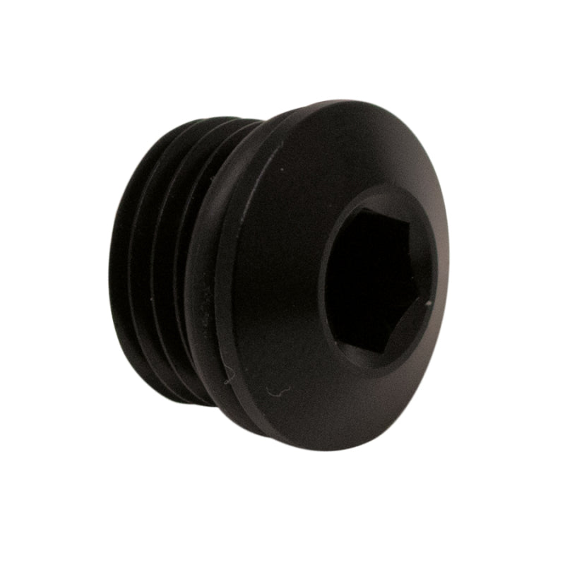DeatschWerks matte black anodized -6AN ORB low profile male plug with internal hex drive and O-ring.