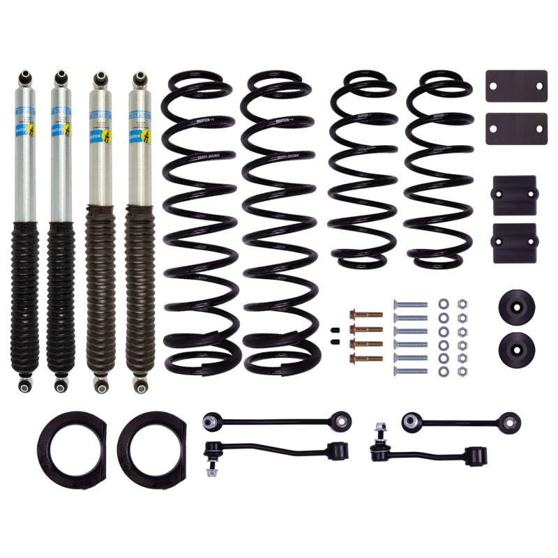 Bilstein B8 5100 2.5-inch lift kit featuring four silver zinc-plated shocks and four black coil springs for Jeep Wrangler.