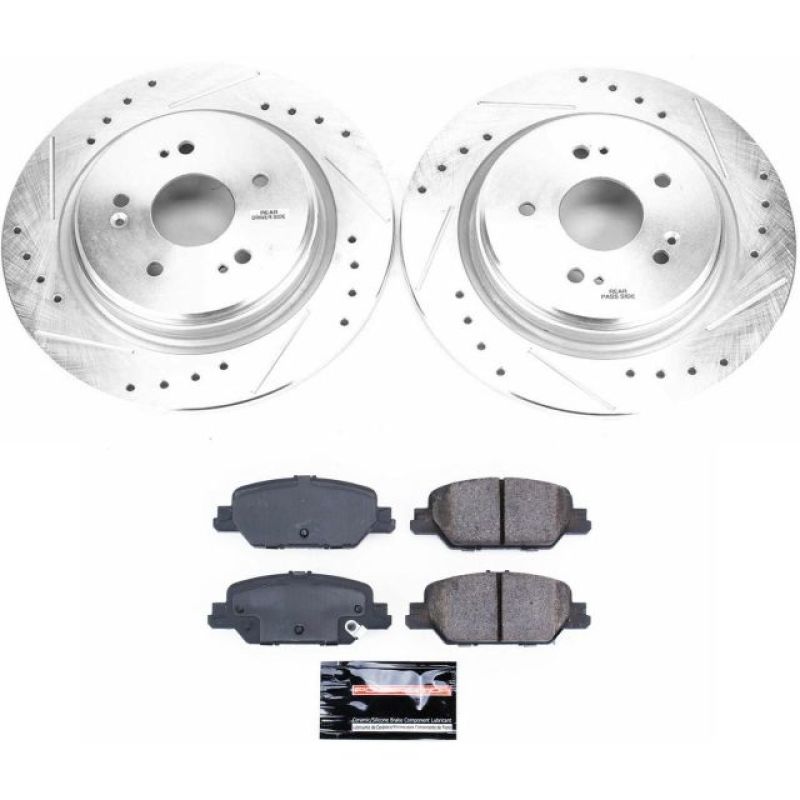 Power Stop Z23 Evolution Sport rear brake kit including silver zinc plated drilled and slotted rotors and ceramic pads.