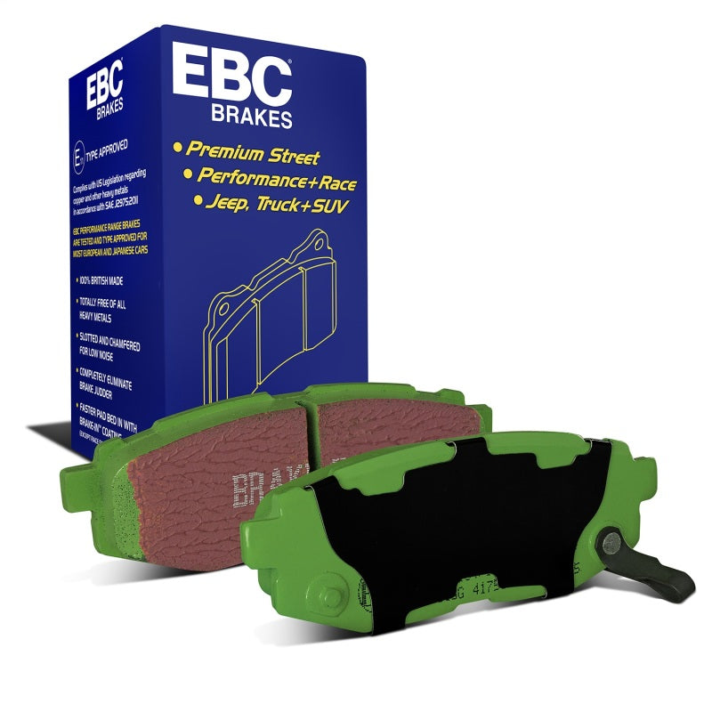 Set of green EBC Greenstuff 2000 Series performance rear disc brake pads.