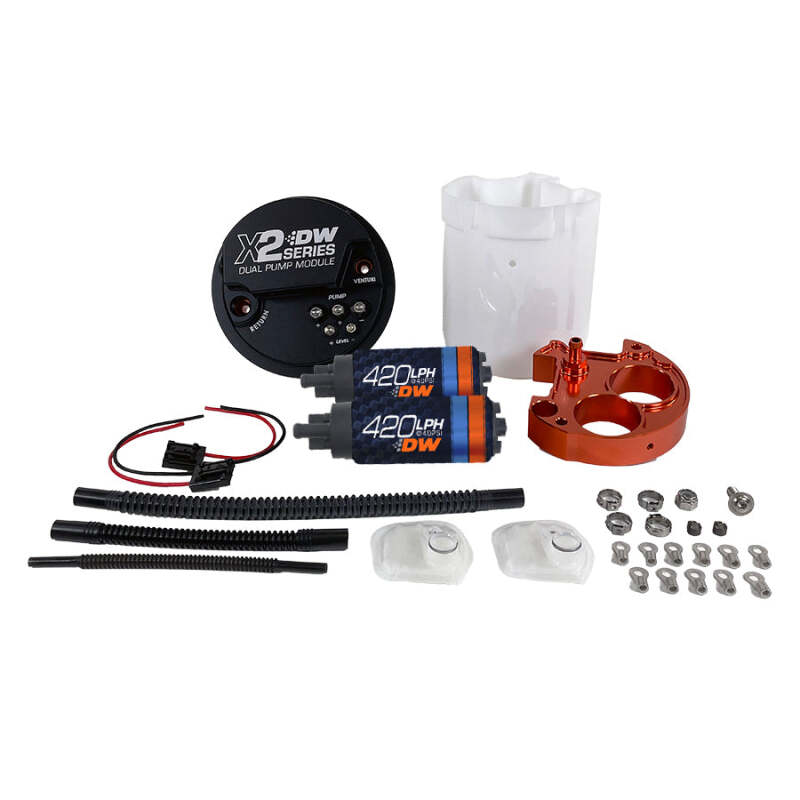 DeatschWerks X2 Series fuel pump module assembly featuring dual DW420 pumps for Subaru applications.
