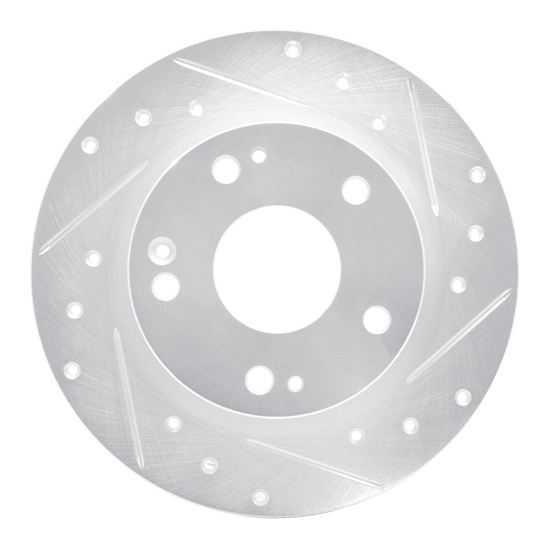 R1 Concepts silver zinc-plated drilled and slotted rear right brake rotor for Honda Civic and Insight models.