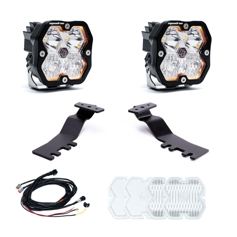 Baja Designs Squadron Sport 2.0 clear LED pod lights on 2025-2026 Toyota 4Runner A-pillar mounting brackets.