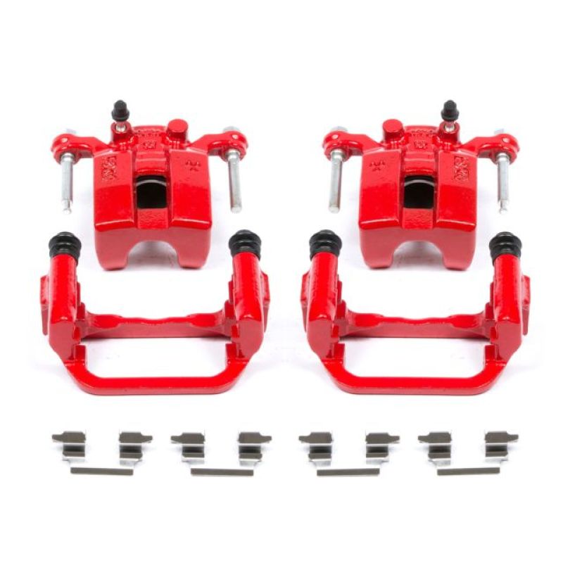 Pair of Power Stop S2792 red powder coated rear brake calipers with mounting brackets and stainless steel hardware.