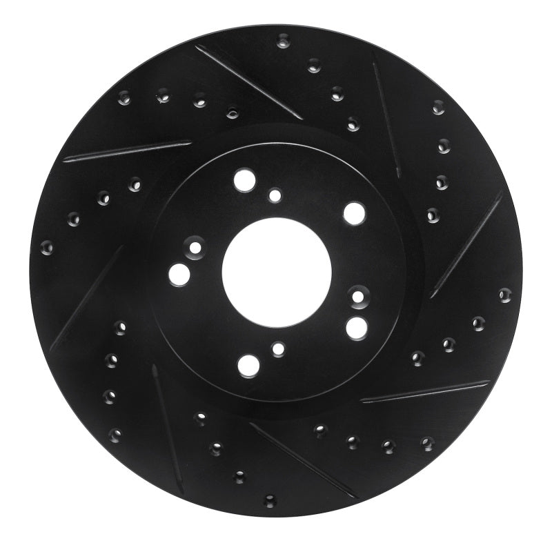 Front right drilled and slotted brake rotor with black corrosion-resistant finish.