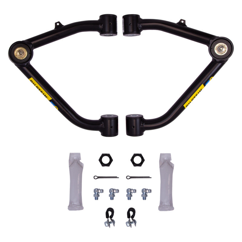 Pair of black tubular 4130 chromoly Bilstein B8 upper control arms for 2007-2016 GM 1500 trucks with hardware.