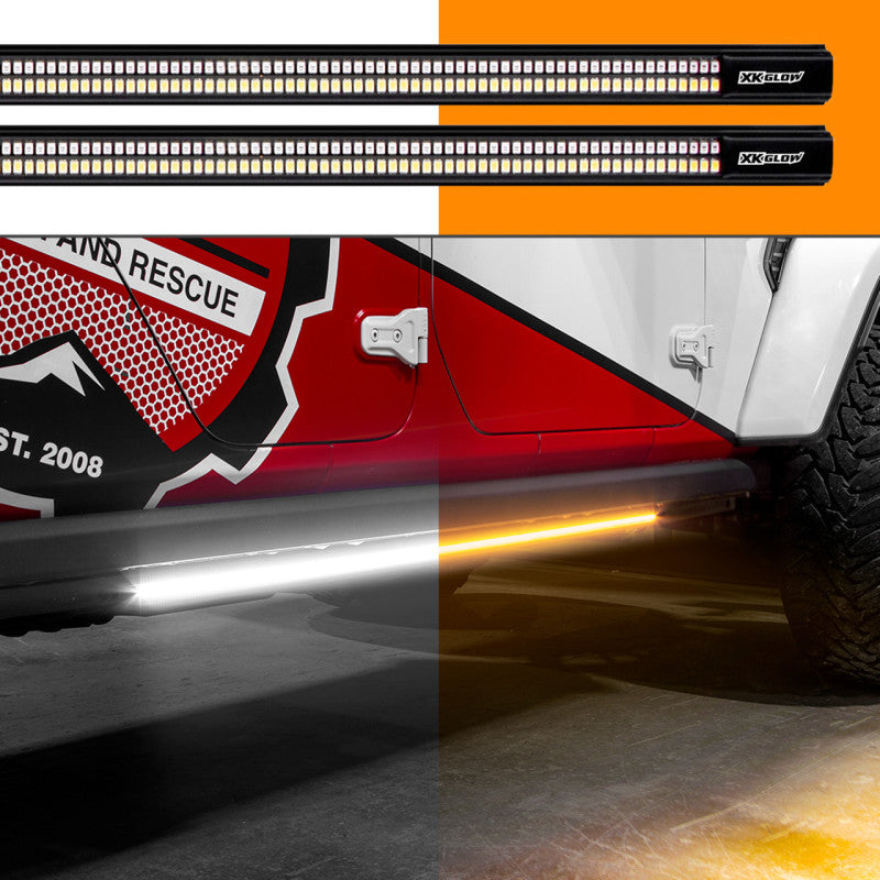 XK Glow 60-inch dual-color LED running board strips showing white and amber lighting for Jeeps and trucks