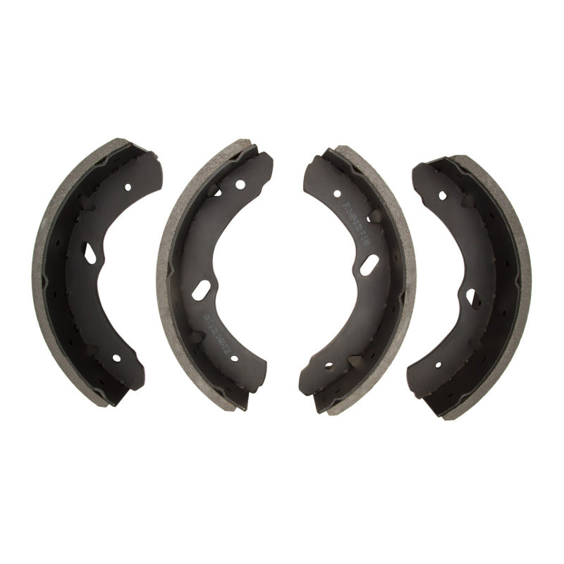 Set of DFC Premium Service semi-metallic brake shoes with black anti-rust coating for Chevrolet LCF 3500 trucks.