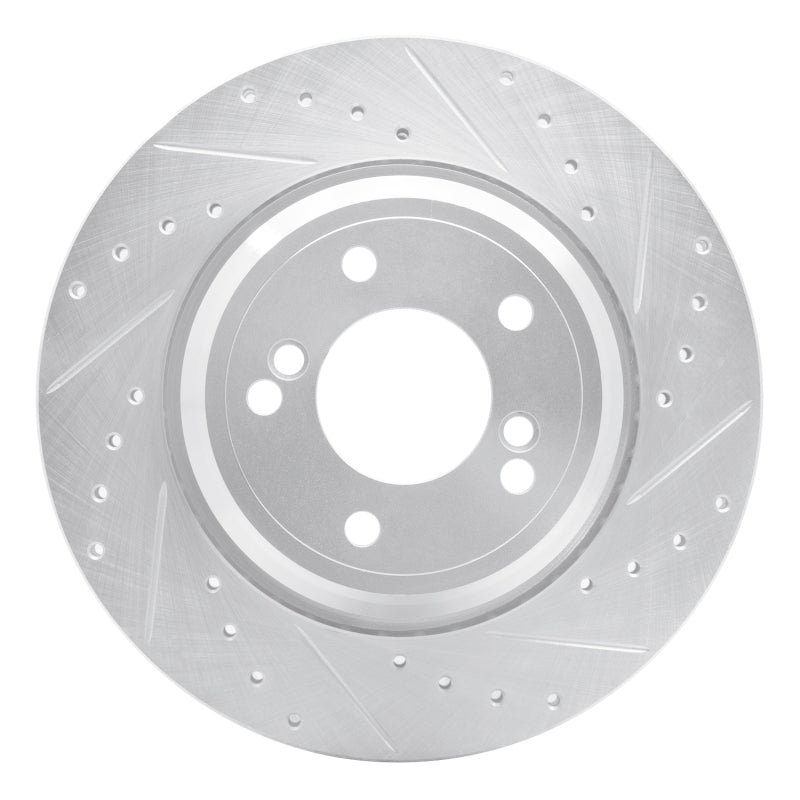 Silver zinc-plated drilled and slotted rear right brake rotor for BMW M3 and M5.