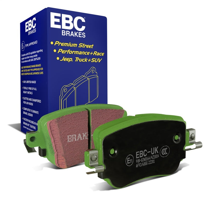 EBC Brakes Greenstuff 2000 Series high-performance rear brake pad set with signature green powder coat finish.