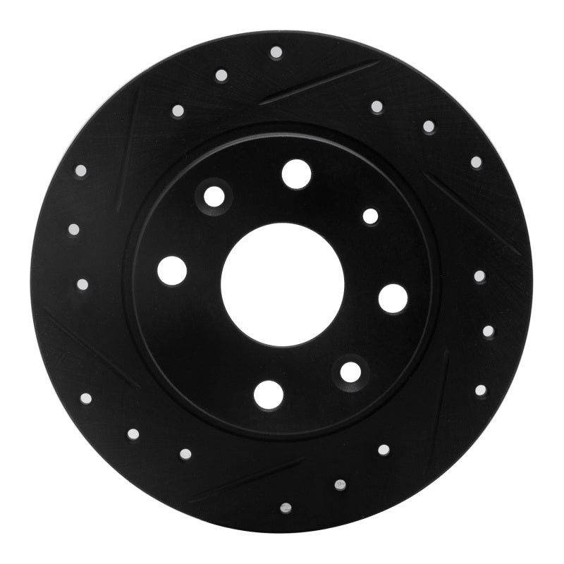 R1 Concepts rear left drilled and slotted brake rotor with black anti-corrosion finish for 1990-1993 Mazda Miata.