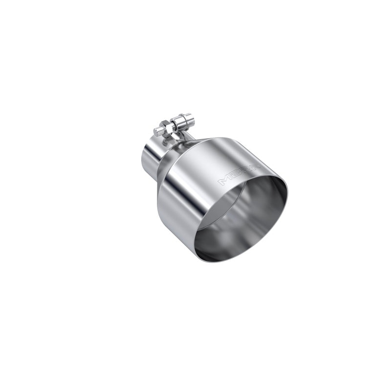 Mirror polished T304 stainless steel exhaust tip with 5-inch angle cut outlet and integrated mounting bolt