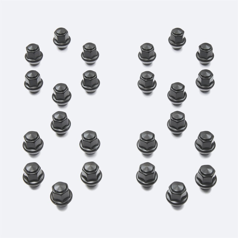 Set of 24 Ford Racing M14 x 1.5 black chrome lug nuts for Ford F-150 and Expedition.