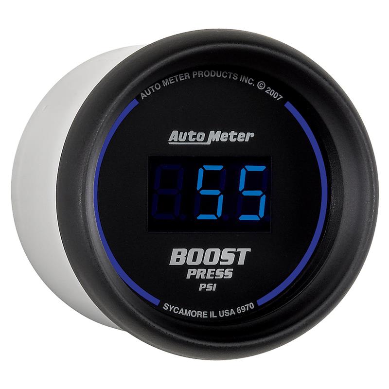 AutoMeter Cobalt Digital 52mm boost gauge with blue LED display and 5-60 PSI readout