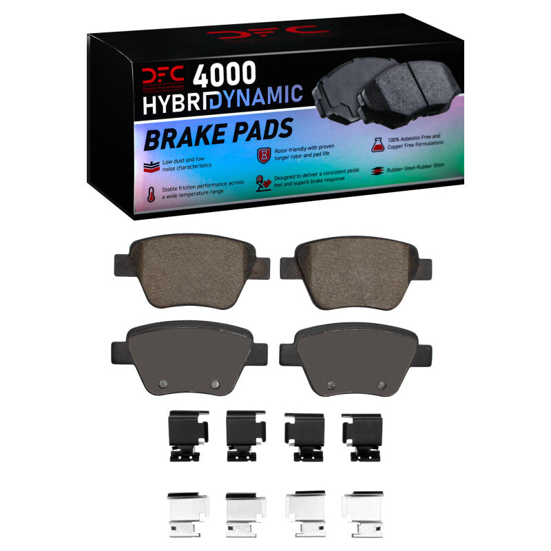 DFC 4000 HybriDynamic rear brake pad set with stainless steel hardware clips for Audi and Volkswagen vehicles