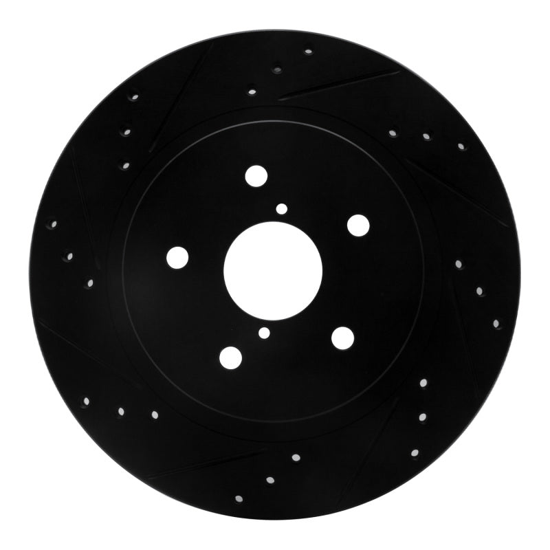 Rear left black electro-coated brake rotor featuring drilled holes and diamond-cut slots for cooling.