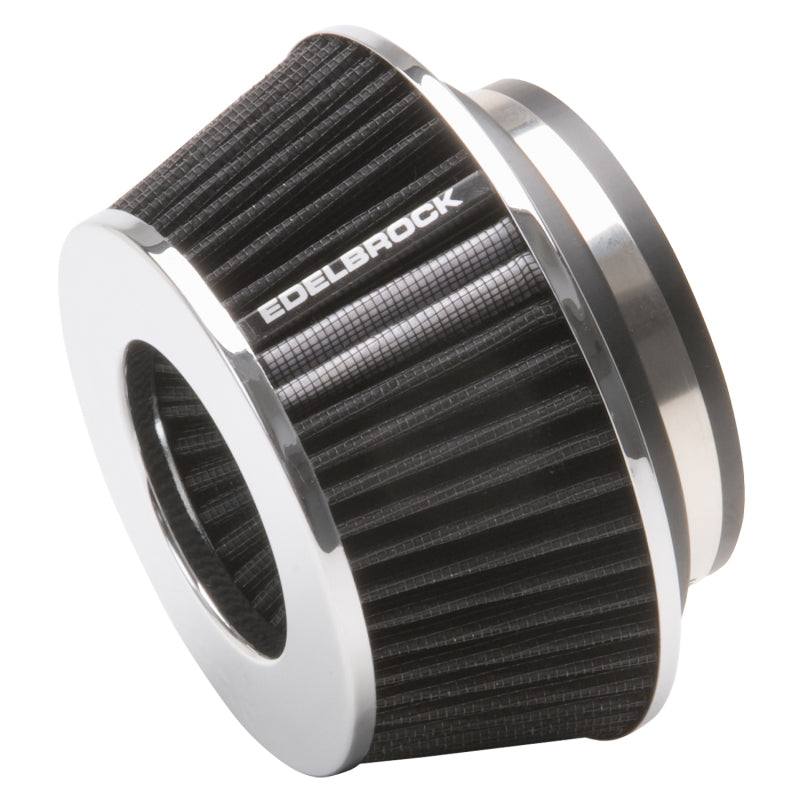 Edelbrock Pro-Flo conical air filter with black pleats and chrome top, featuring three plastic inlet adapter rings.