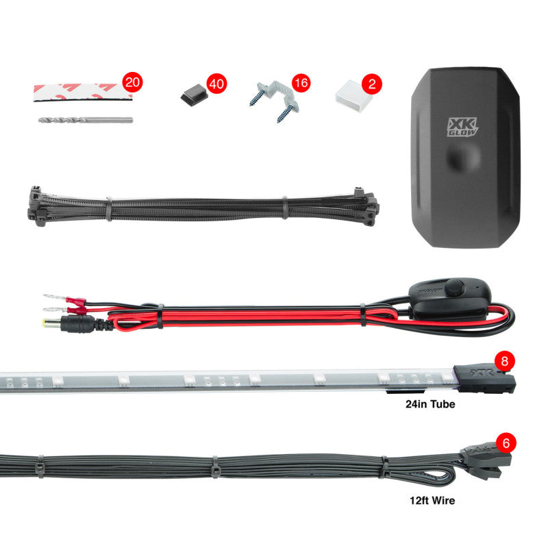 XK Glow XCHROME 8-tube LED undercar kit with slim 24-inch light bars and smartphone Bluetooth controller.