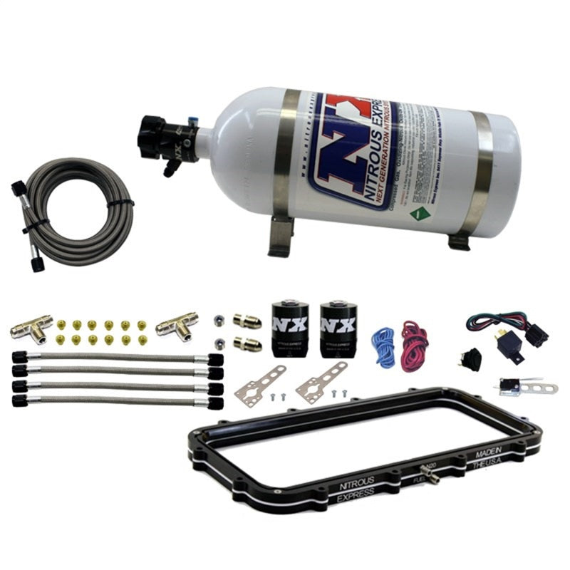 Nitrous Express 20940-10 Holley Hi-Ram plenum nitrous plate kit with 10lb bottle, carbon fiber solenoids, and hardware.