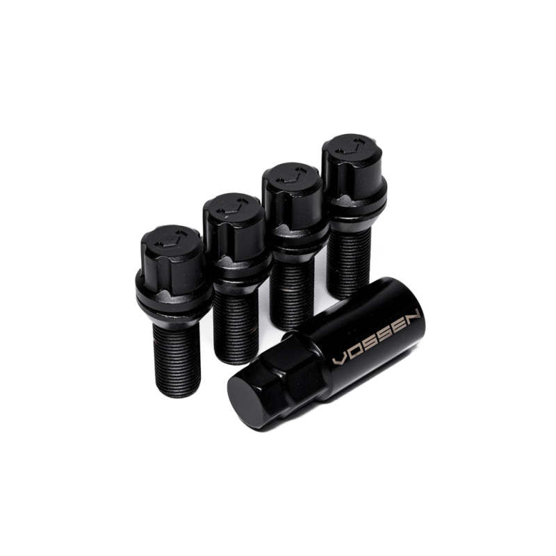 Set of four black Vossen wheel lock bolts featuring M14x1.25 threads, 30mm shank, and cone seat design.