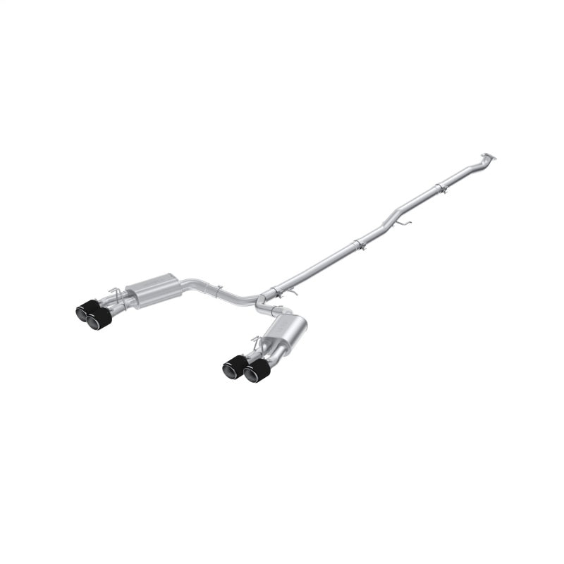 MBRP S47153CF cat-back exhaust system featuring T304 stainless steel mandrel-bent piping and quad carbon fiber tips.