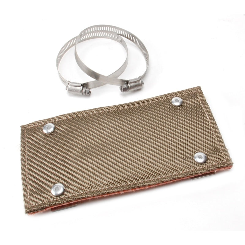DEI Titanium 4x8 inch exhaust pipe heat shield with stainless steel mounting clamps and rivet-based standoff brackets.