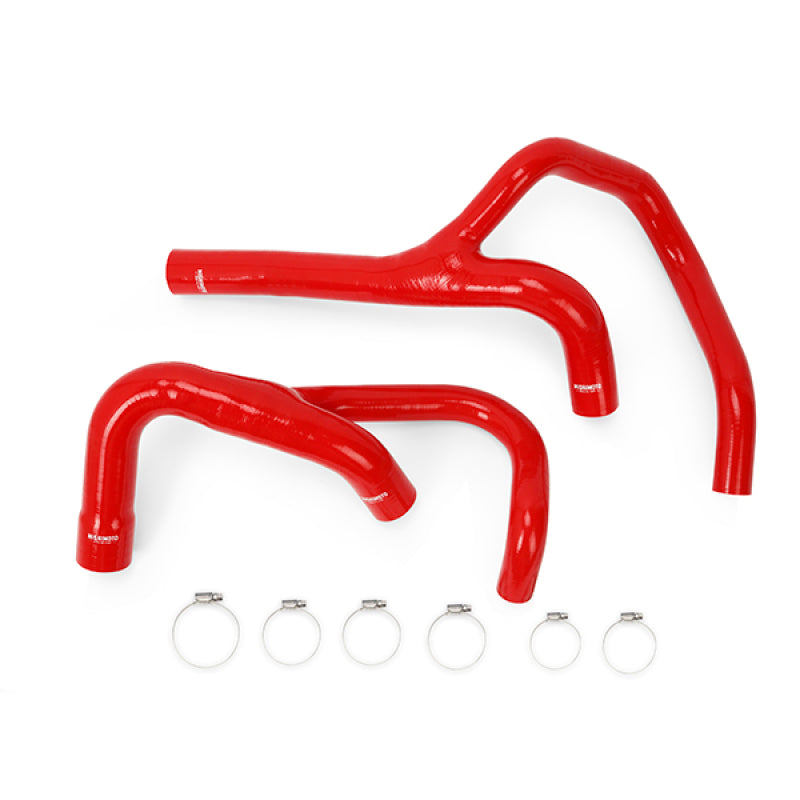 Red Mishimoto 4-ply silicone radiator hose kit for 2013-2014 Ram 2500 and 3500 6.7L Cummins engines.