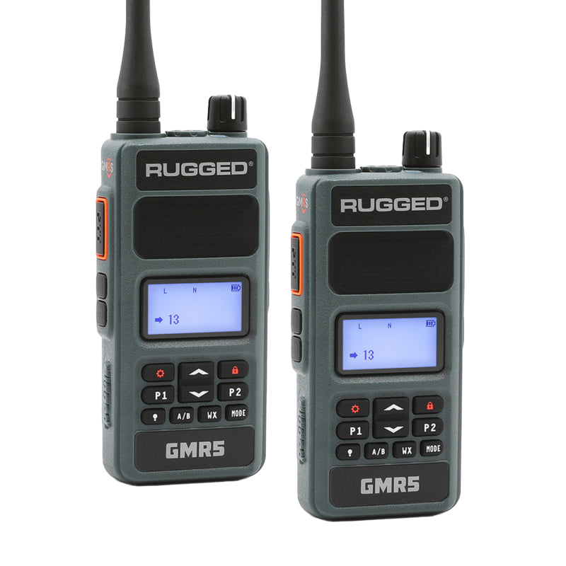 Two black Rugged Radios GMR5-X handheld GMRS radios with high-gain antennas and XL battery packs.