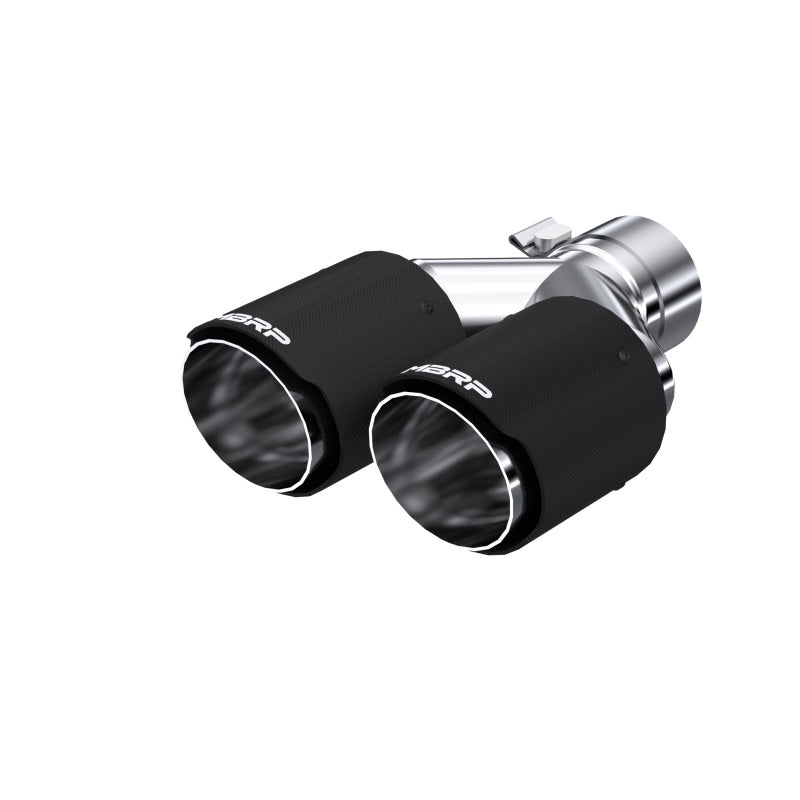 MBRP dual-walled exhaust tip featuring a genuine carbon fiber outer shell and stainless steel inner core.