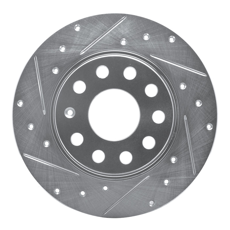 R1 Concepts silver finish rear left performance brake rotor featuring cross-drilled holes and precision slots.