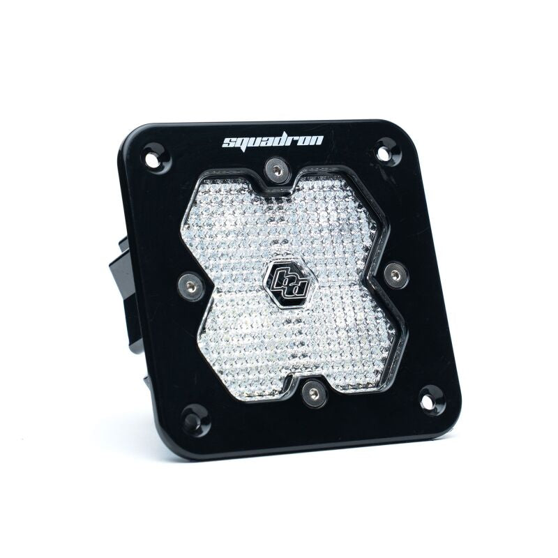 Baja Designs Squadron Sport LED light with black flush mount housing and wide-angle work/scene lens.