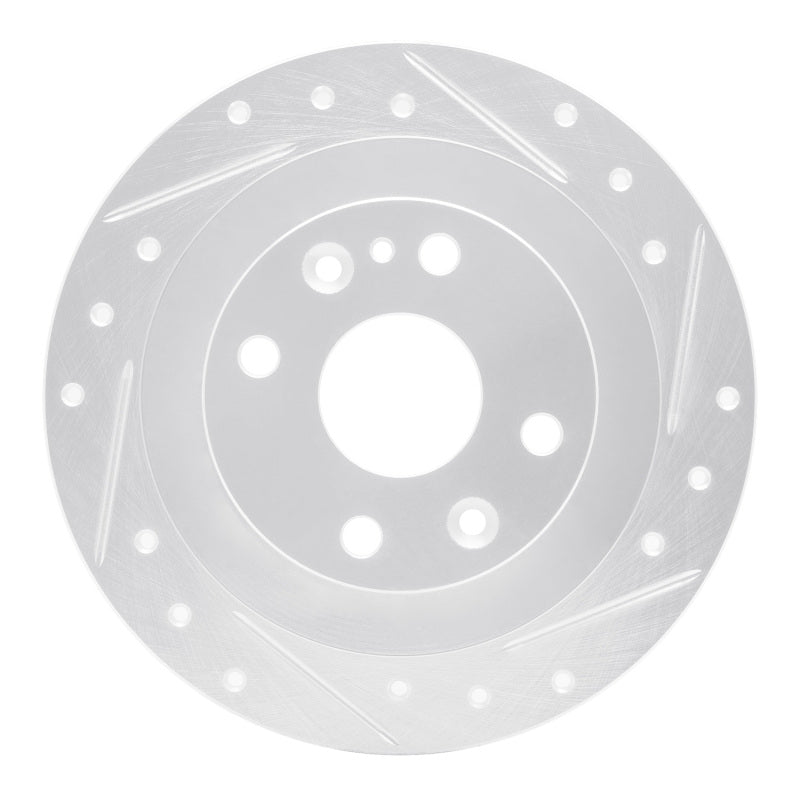 Silver zinc-plated drilled and slotted rear right brake rotor for 1990-2003 Ford and Mazda vehicles.