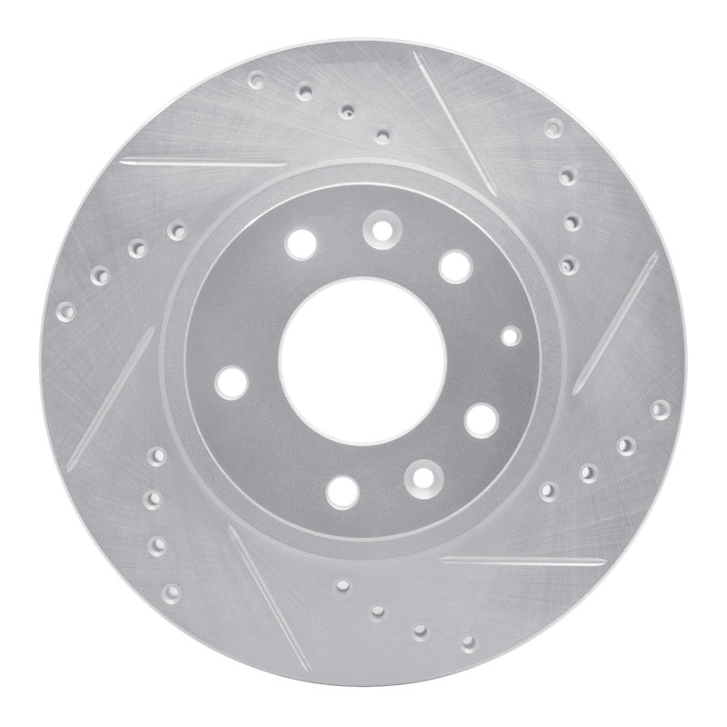 R1 Concepts front right silver brake rotor featuring a cross-drilled and slotted pattern for Mazda MX-5 Miata.