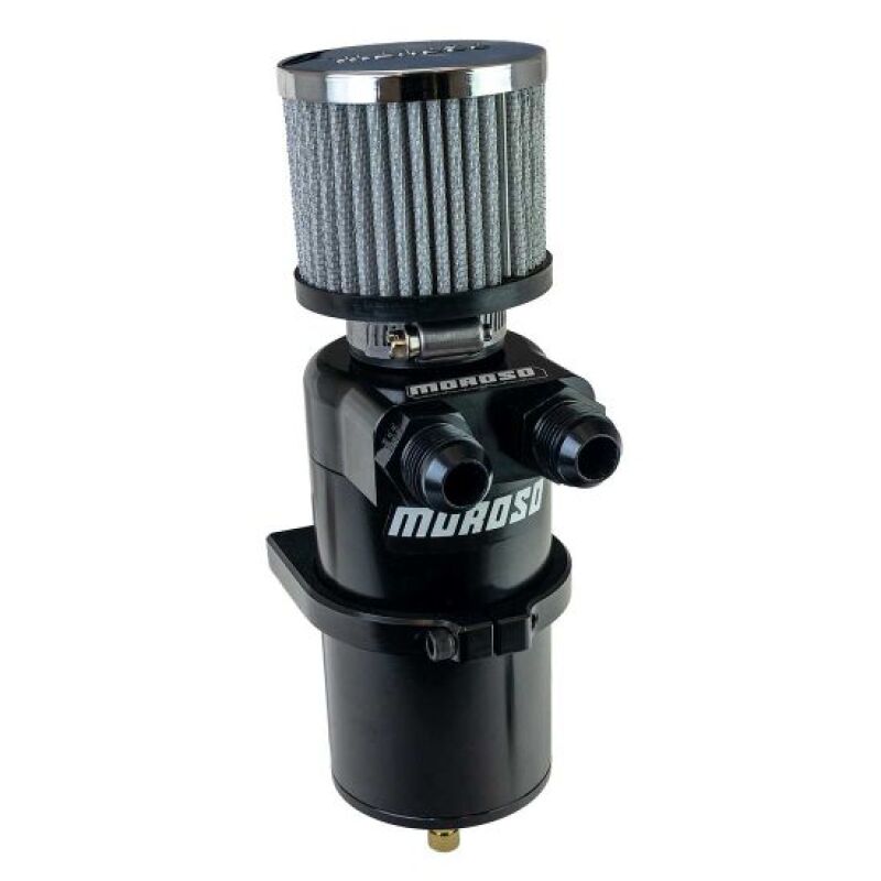 Black anodized billet aluminum breather tank with dual -10AN fittings and top-mounted filter