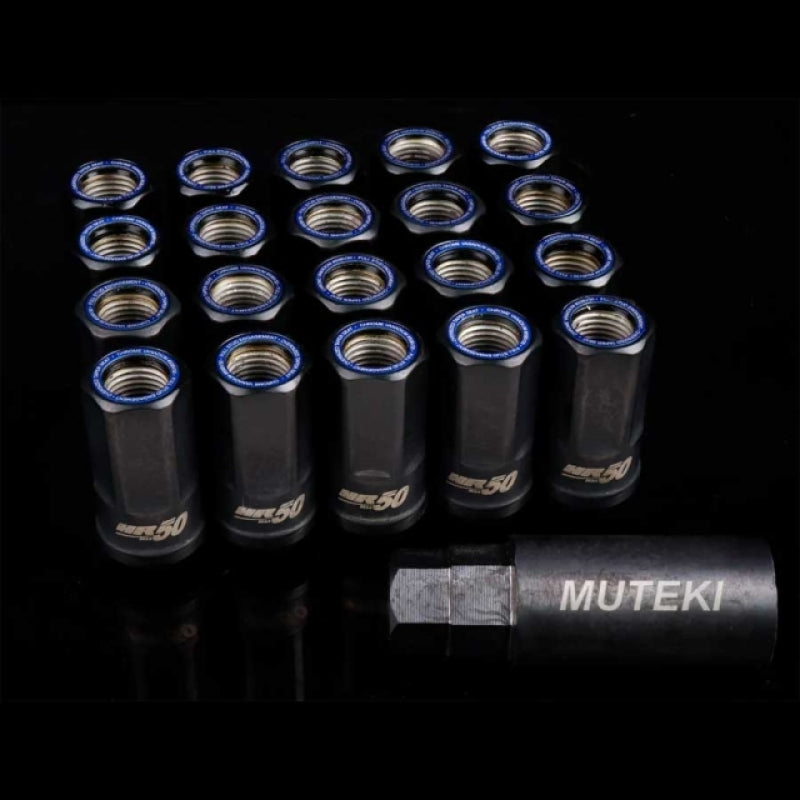 Muteki HR50 50mm open end lug nuts in black finish with blue accent rings.
