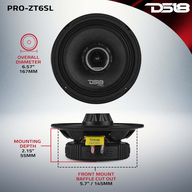 DS18 6.5" 200W RMS 4-Ohm Mid-Range Shallow Loudspeaker with Water Resistant Cone