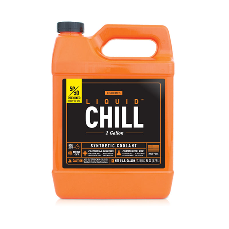 Bottle of Mishimoto Liquid Chill synthetic engine coolant featuring the premixed blue formula.