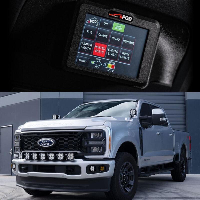 sPOD BantamX Touchscreen controller and 8-circuit power distribution module for 2023-2026 Ford Super Duty.