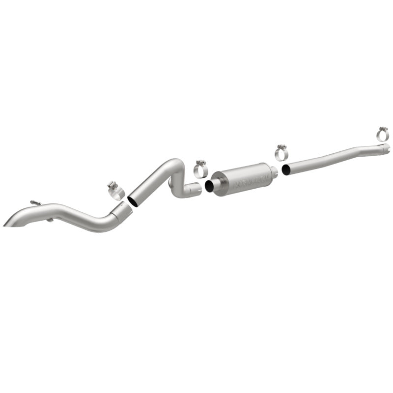 MagnaFlow Rock Crawler Series cat-back exhaust system with 2.5-inch stainless steel piping and turndown tip for Jeep Wrangler JK.