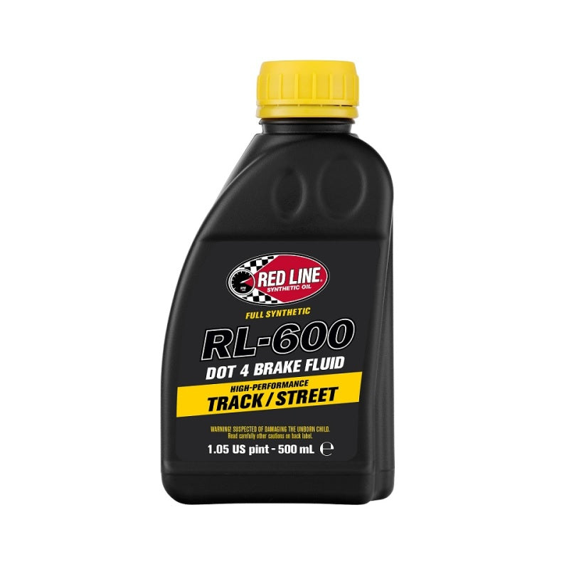 Red Line RL-600 DOT 4 high-performance brake fluid bottle with 601 degree F dry boiling point specifications