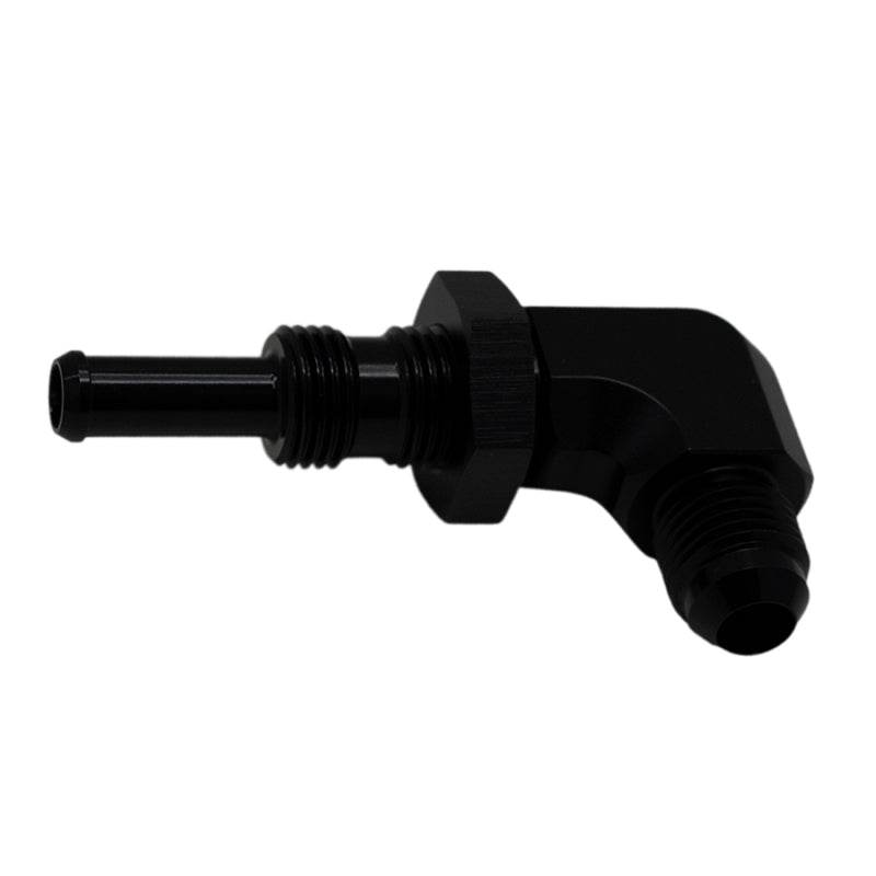 DeatschWerks 90-degree matte black bulkhead adapter featuring a 6AN male flare and 5/16-inch male barb with nut.