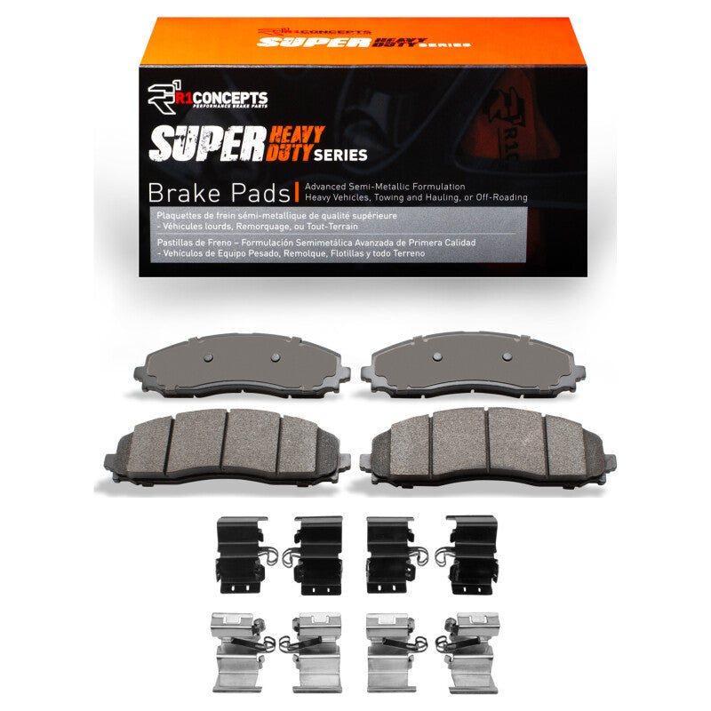 R1 Concepts Super Heavy Duty rear brake pad set with included installation hardware for Ford F-250 and F-350 Super Duty.