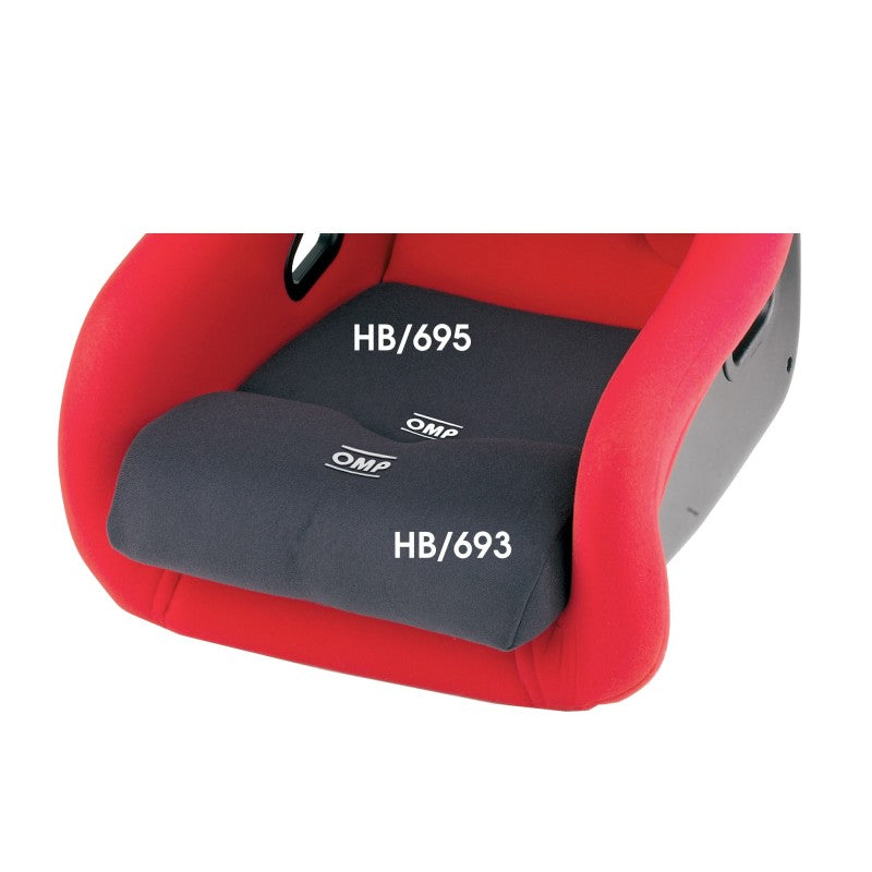Black OMP racing seat cushion featuring high-density foam and a durable fabric cover.