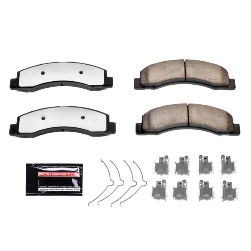 Power Stop Z36 Truck & Tow front carbon-fiber ceramic brake pads with stainless steel hardware and lubricant.
