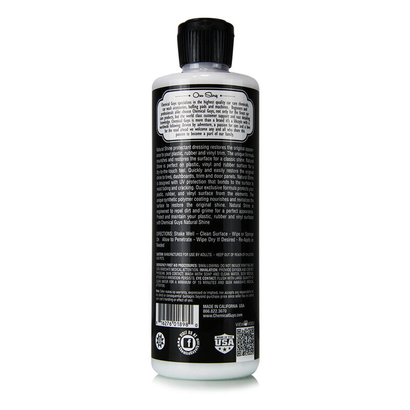 16oz bottle of Chemical Guys Natural Shine Satin Dressing for automotive vinyl, rubber, and plastic surfaces.